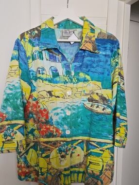 Vintage-Inspired Turquoise & Yellow Printed 100% Cotton Button-Up Jacket